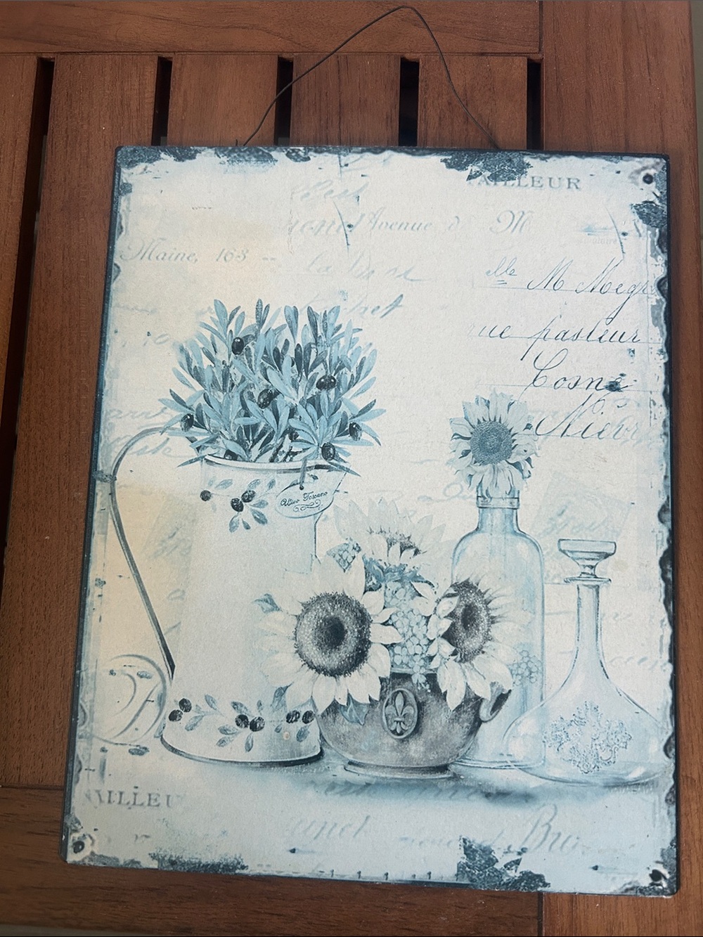 Vintage-Style Beige/Sage/Gray Floral Wall Art Sign - Sunflowers, Olive & Bottles - Picture 1 of 2